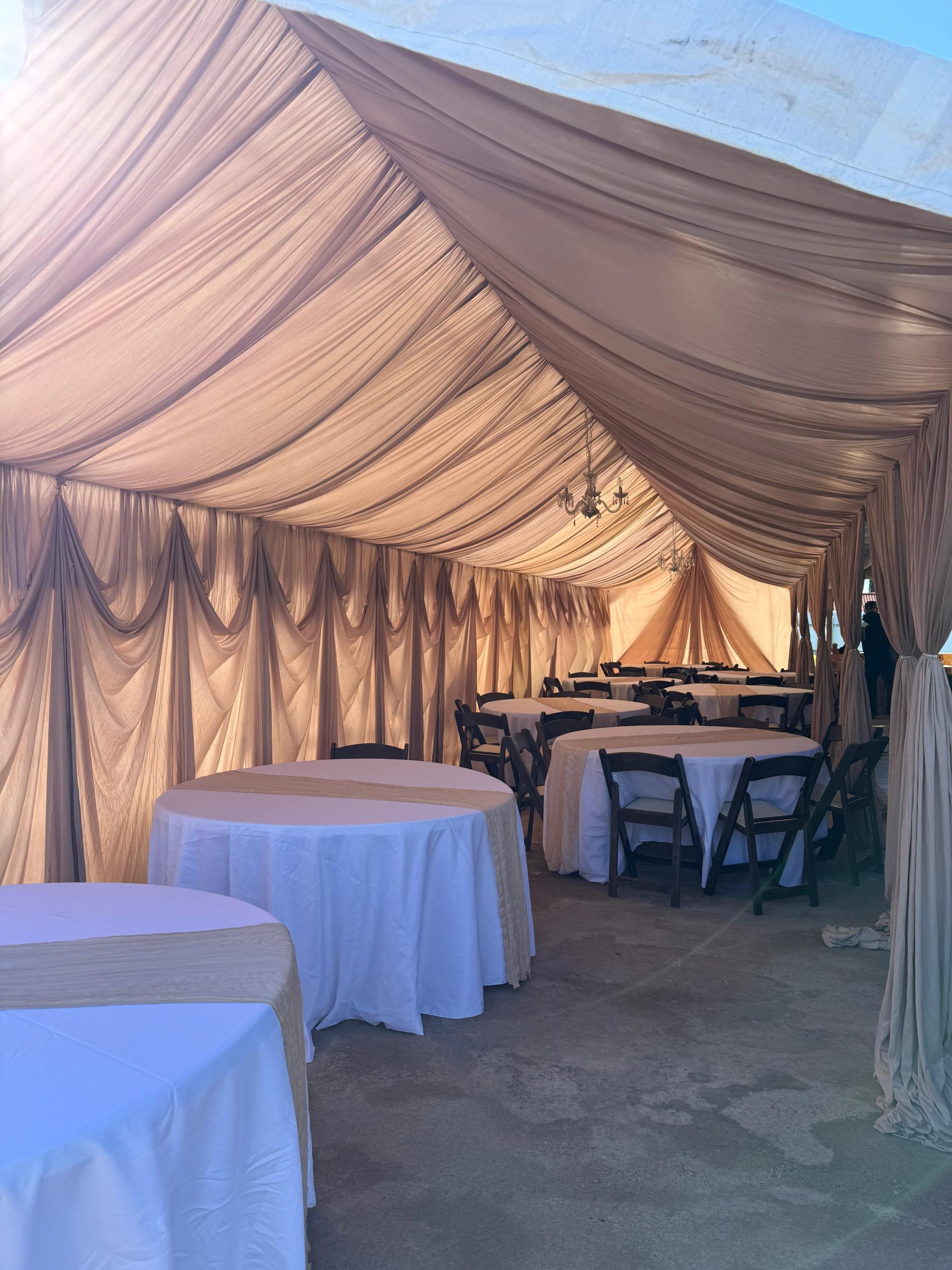 Tent with draping installation by Nextgen Party Rentals near Perris, California